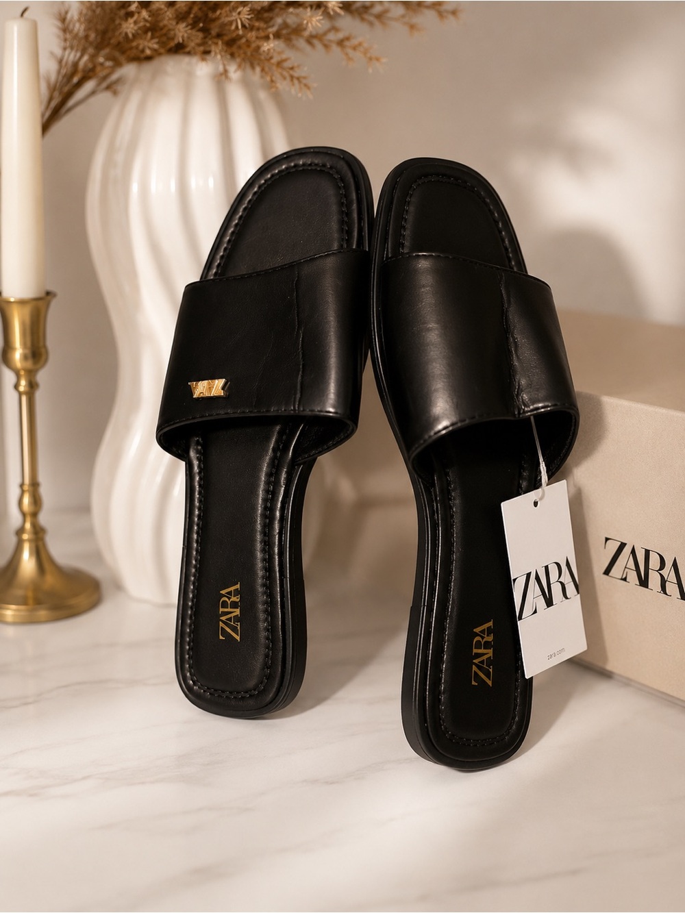 Zara Black Leather Slide Mules with Gold Accent